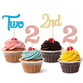 24 piezas de decoración para cupcakes con purpurina para el segundo cumpleaños para baby shower, segunda fiesta de cumpleaños, decoración de pasteles, suministros de decoración de pasteles, azul, oro, oro rosa