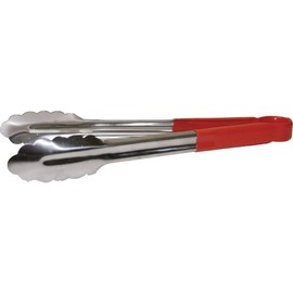 Hygiplas Pro-Grade Colour Coded Kitchen Serving Tongs 300mm, Red, Stainless Steel, Colour Coded Red for Raw Meat, Vinyl Coated Handles | CB154