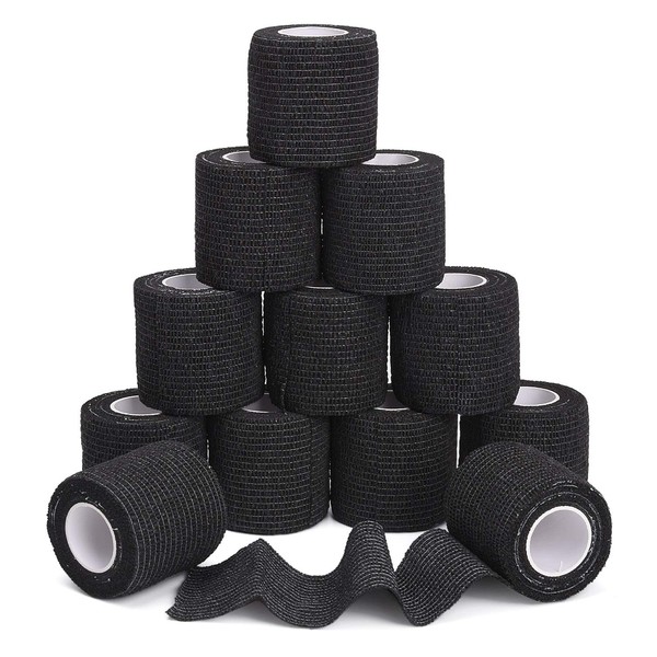 TOBWOLF 12PCS Self Adherent Bandage Cohesive Tape Roll, 2"x5yd / 5cmx4.5m First Aid Bandages, Stretch Athletic Wrap for Sports Wrist Ankle Sprain Swelling - Black