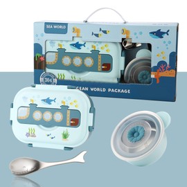 Lunch Box Kids, Stainless Steel Box with 3 Compartments Leak Proof Lunch Box with Tableware Portions Lunchbox for Kids Adults (Blue)