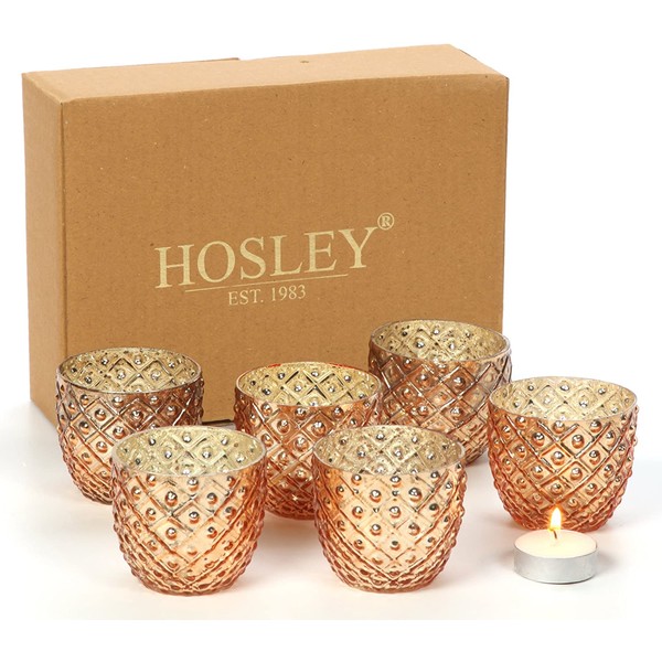 Hosley Set of 6 Antique Gold Speckled Metallic Glass LED Votive Tealight Candle Holder 2.75 Inches Ideal for Bridal Weddings Parties Special Events Spa Aromatherapy Mini Flower Pots O3
