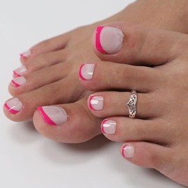 Press on toenails for women, ANYOS short french tip fake toe nails, solid square press on toes nails,24 pcs glue on toe nail press ons with 2 pack 48pcs jelly stickers and 1 glue (hot pink fench tips)