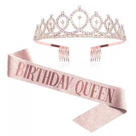 Yeenao Birthday Queen Sash & Crystal Crown Set - Glitter Champagne Tiara + Adjustable Sash for Women's 30th/40th Parties, Hen Dos & Girls' Celebrations (Alloy/Satin)