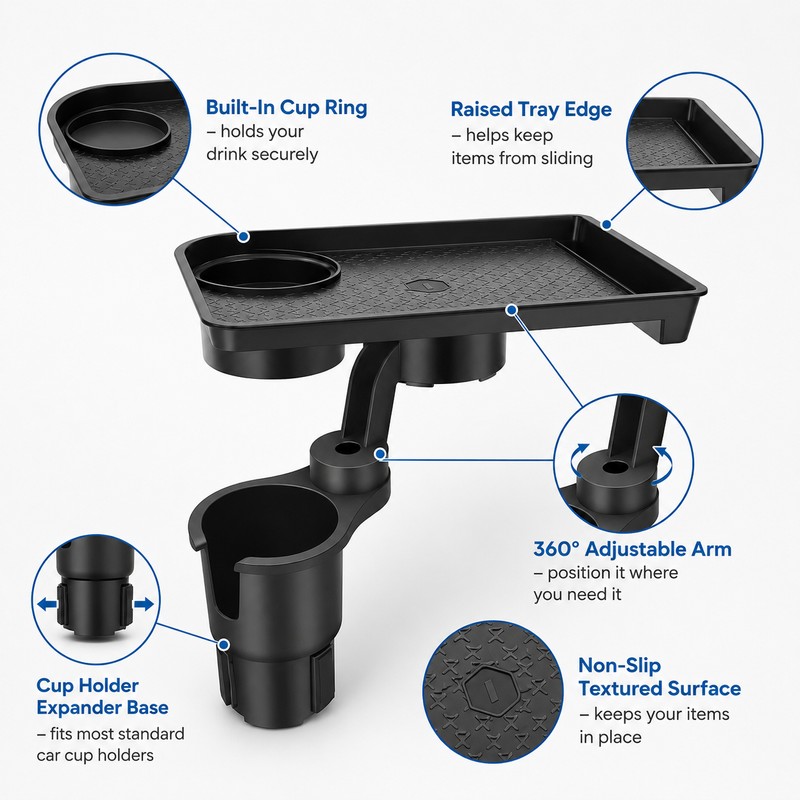 Car Cup Holder Expander with Food Tray – 360° Adjustable