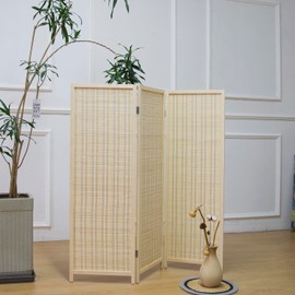 Furnnylane 3 Panel Short Room Divider Screen,Beige Freestanding Partition,Small Bamboo Panel Divider for Room Seperation,3.95 FT Tall