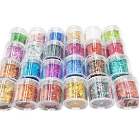 Holographic Chunky Glitter Mix Flake Sequins, Set of 24 Laser Colors Cosmetic Glitter for Nail Art,Crafts,Eye,Face,Hair,Makeup,Slime,Tumbler (24Colors Each 6ML)