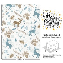 Christmas Wrapping Paper Blue, Reindeer Snowflakes Christmas Tree Print Winter Gift Wrap Paper, 6 Sheet Folded Flat Rustic Theme Paper for Merry Christmas Decor, Winter XMAS Party, Celebration