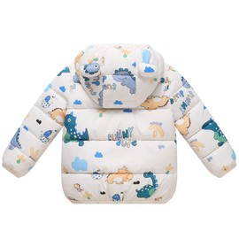 AIWUHE Baby Hooded Down Jacket Boys Girls Light Puffer Winter Coats Toddler Bear Ears Zipper Up Down Coats Outwear White Dinosaur 12-18 Months 90