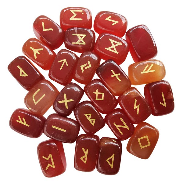 Lovionus89 Natural Rune Stones Set (25 Pieces), Polished Gemstone with Carved, Crystal Healing Reiki, Red Agate