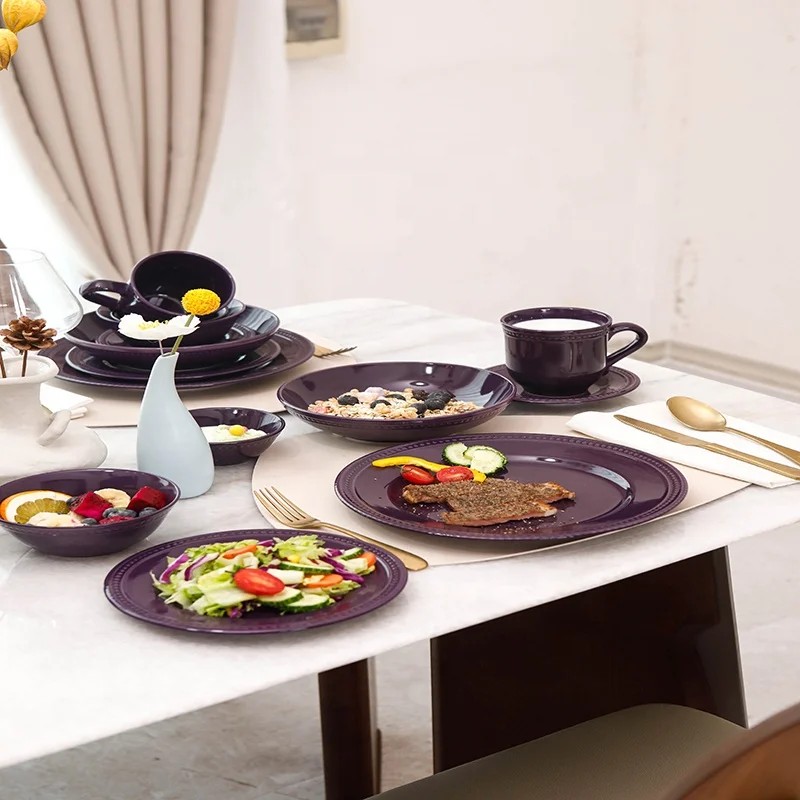 Certified Safe Family Dining Set of Embossed Colored Ceramic Tableware