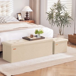 HAUSFRAU Storage Ottoman Foot Rest Stool, Small Folding Ottoman with Storage, Tufted Square Cube Footrest, Faux Leather Ivory