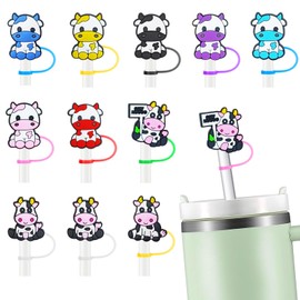 12PCS Silicone Straw Cover, 0.4Inch/10mm Cute Cow Reusable Straw Cup Accessories Drinking Straw Covers For 30&40 Oz Straw Topper Theme Party Favors Supplies Straw Cover (Cow)