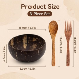 ZISHAN 3PCS Coconut Bowl Set, Large Coconut Shell Bowls for Smoothie Bowls and Fruit Bowls, Fruit Bowl Collection with Coconut Shell Material, Complete with Spoon and Fork