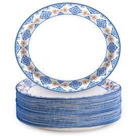 EggSun 50Pcs Blue Floral Oval Plates 10"x 12", Large Disposable Paper Plates, Heavy Duty Flower Plate Tableware for Family Gathering, Dinner Time, Birthday, Wedding, Holiday Party Serving Supplies