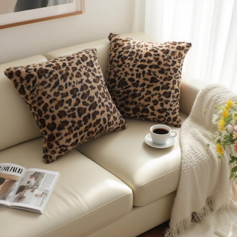 QIFONIX Leopard Print Throw Pillow Covers,Plush Faux Fur (Brown,18" x