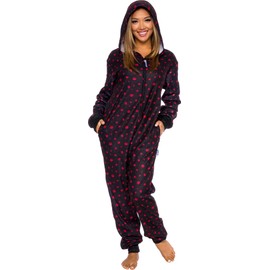 Funziez! Slim Red Heart Flapjack Pajamas - Black Adult Onesie Jumpsuit, One Piece PJs, Union Suit, Women's