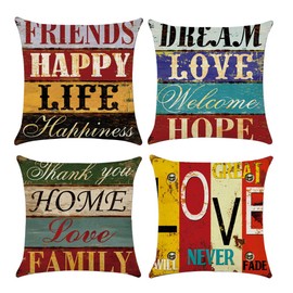 COWORK Set of 4 Love Life Cushion Cover Cotton Linen Throw Pillow Case Decorative Square Sofa Pillowcase for Home Bar Restaurant Decor Favor, 18 x 18 inch / 45 x 45 cm with Invisible Zipper