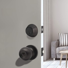 Round Ball Entry Door Knob and Single Cylinder Deadbolt Combination Locksets,Oil Rubbed Bronze Finished, Keyed Alike Entrance Door Locks,Universal for Right and Left Handed Doors,3Pack