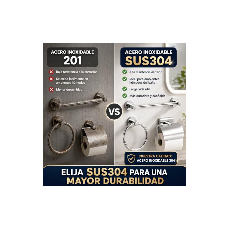 Juego 4 Piezas Accesorios de Baño Sin Taladrar, SUS304, Negro