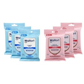 Walfort | Toallitas húmedas desmaquillantes y Agua Micelar. 3pz de Toallitas con Agua Micelar C/10pz. 3pz de Toallitas Desmaquillantes C/10pz. Caja 6 pz. Limpieza Facial Suave y Efectiva.