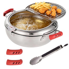 Deep Fryer Pot with Tongs, Stainless Steel Japanese Fryer with Temperature Control and Oil Drip Drainer Rack, Japanese Tempura Pot Set for French Fries Chicken Japanese Tempura (9.8 Inch)