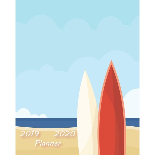 2019 - 2020 Planner: Surfboard, Ocean, Sandy Beach Scene Planner