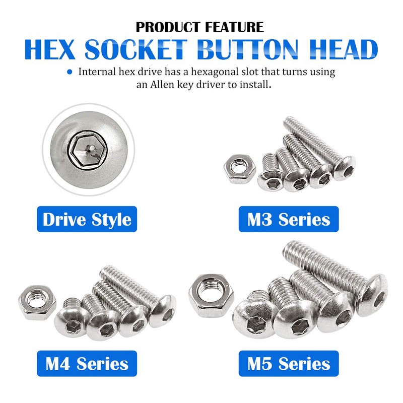 Glarks 510pcs M3 M4 M5 304 Stainless Steel Hex Socket