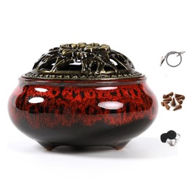 LamDawn Incense Burner with Calabash Incense Stick Holder - Porcelain Charcoal Censer for Use with Resin Granular Powder Cone or Coil Incense (Fambe Red)
