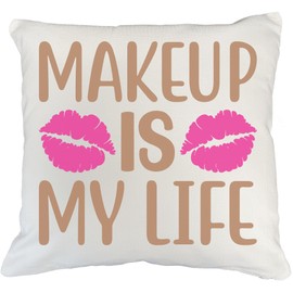 Makeup is My Life w/Pink Lipstick Marks Design - Beauty Themed Merch for Makeup Artist or Cosmetologist, Gift for Makeup Lovers, Pillow Cover, White 18X18 in