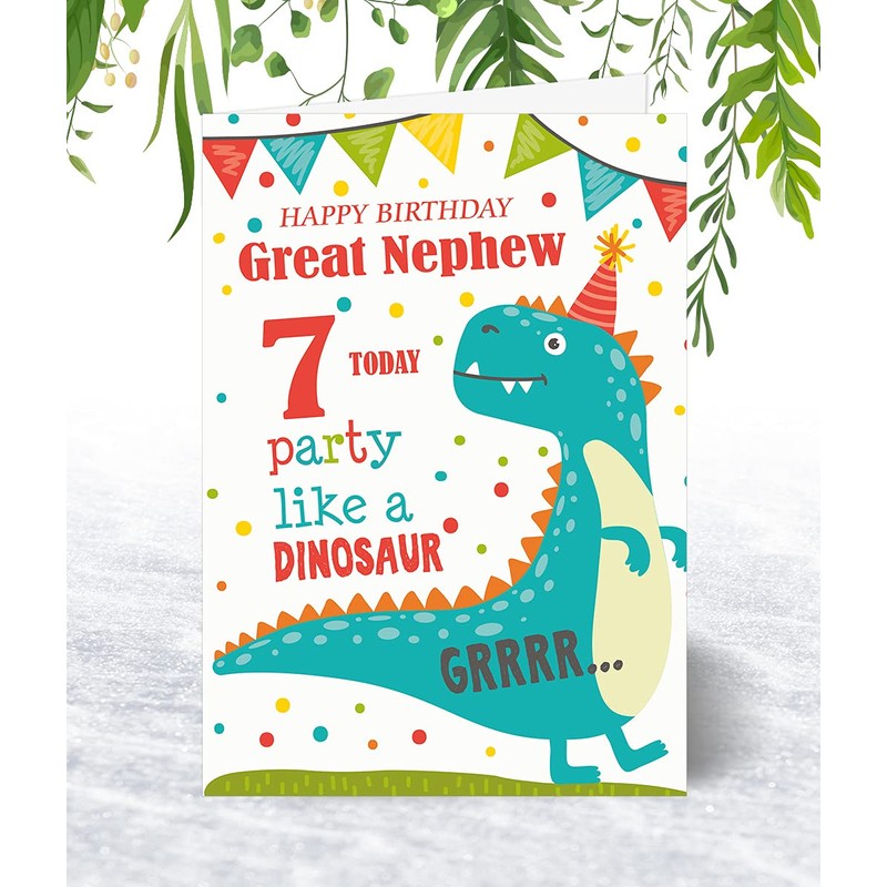 Great Nephew 7th Dinosaur Birthday Card - Medium Sized Card