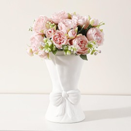 Ceramic Vase Bow Cute Decorative Flower Vase for Modern Rustic Boho Home Decor, Living Room, Office, Table Centerpiece, Shelf, 8.26 Inch Tall (White)