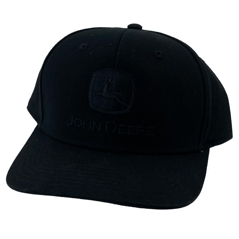 John Deere Solid Black 6-Panel Adjustable Snapback Hat with Embroidered