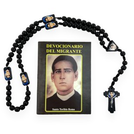 GCK Devocionario del Migrante Santo Toribio Romo con Rosario Negro de Madera 2 Pc Set