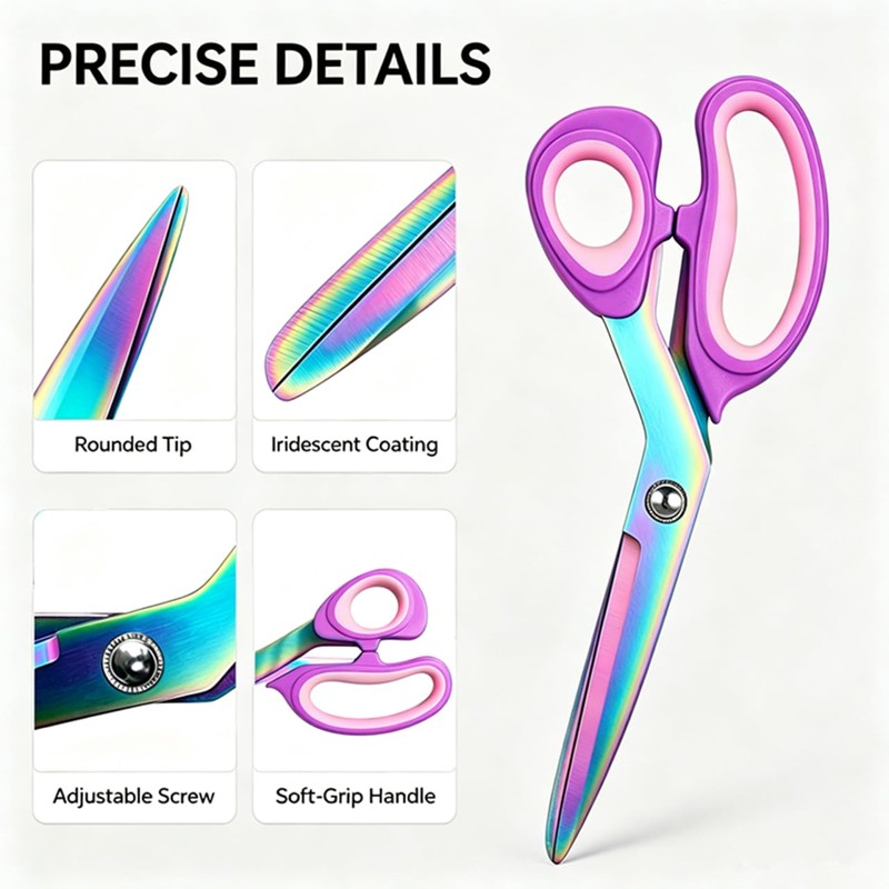 9.5" Rainbow Heavy Duty Tailor Fabric Scissors, Purple Pink