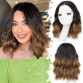 AISI HAIR FallFreshness 14 Inch Wave Wigs for Women Pre-Cut Lace Hairline Shoulder Length Middle Part Wavy Bob Synthetic Heat Resistant Fiber for Daily Use Stretchable Hair Net:_Ombre Brown
