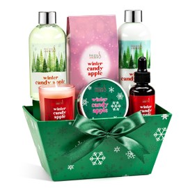 Freida & Joe Winter Candy Apple Bath & Body Gift Set – 7-Piece Spa Basket for Women | Shower Gel, Body Lotion, Body Scrub, Body Oil, Bath Salts & Scented Candle | Holiday Self-Care Gift