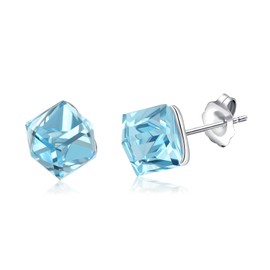Sterling Silver Aquamarine Crystal Stud Earrings,March Birthstone, 9mm Cube Blue Earrings Design