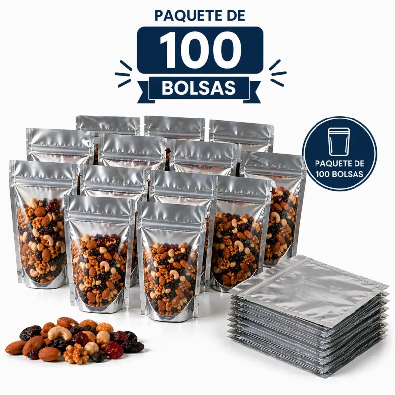 Bolsas Stand Up Pouch Cromo 100 Pz Cierre Hermético Transparente