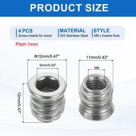 MECCANIXITY 4Pcs Threaded Inserts Nuts, M6x12mm Hex Socket Drive Nut Inserts for Wood - 304 Stainless Steel Screws Furniture Screw in Nuts Bolt Fastener Connector Wood
