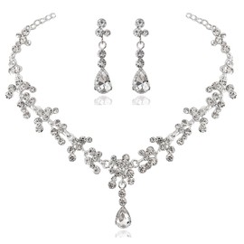 Danshinbow Bridal Rhinestone Necklace and Earring Set Crystal Necklace Bridal Party Wedding Jewellery Sets for Women and Girls, Alloy Steel, No Gemstone
