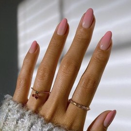 Gradient Pink Press on Nails Short Almond Nails Press ons Nails Glue on Acrylic Nails Fake Nails for Women Thick False Nails Glue on Nails Short Oval Nails for Party 24Pcs