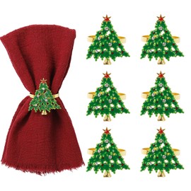 Getfitsoo Christmas Tree Napkin Rings Set of 6, Gold Christmas Napkins Holder with Green Tree Metal Napkin Rings for Christmas, Wedding, Thanksgiving, Parties, Dinning Table Celebration