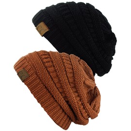 C.C Trendy Warm Chunky Soft Stretch Cable Knit Beanie Skully, 2 Pack Black/Rust