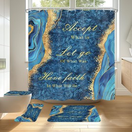 Omifly Blue Marble Shower Curtain Sets 4Pcs Abstract Inspirational Quotes Gold Luxury Waterproof Bathroom Decor Set with 12 Hooks, Rugs and Accessories with Bath Mat and Toilet Lid Cover