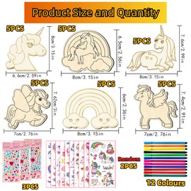 398 Pieces Unicorn Wooden Craft Set, Unicorn Craft Set, Children's Birthday Crafts, with 30 Unicorn Wood, 354 Rhinestones, 12 Colouring Pencils, 2 Stickers, Craft Children for Girls/Boys DIY Craft A
