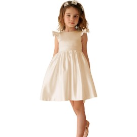Amatesay Ruffle Sleeve Flower Toddler Girl Dress for Wedding Silky Satin First Communion Dress Champagne Satin Pageant Party Baptism Dresses Kids Birthday Gown with Bow-Knot Champagne Size 6