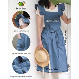 Small snail Women's Retro Cotton Apron Solid Colour Japanese Style Ruffle Apron with Large Pockets Cross Back Aprons Flower Shop Cafe Baking Casual Apron (Blue), blue