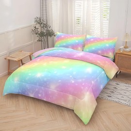 Tabeskly Kids Girls Rainbow Bedding Duvet Covers Set Double, Cute Soft Zipper Childrens Full Bed 3 Piece Quilt Covers and Pillowcases Small Mildly Cosy Budget Bedclothes 200×200cm
