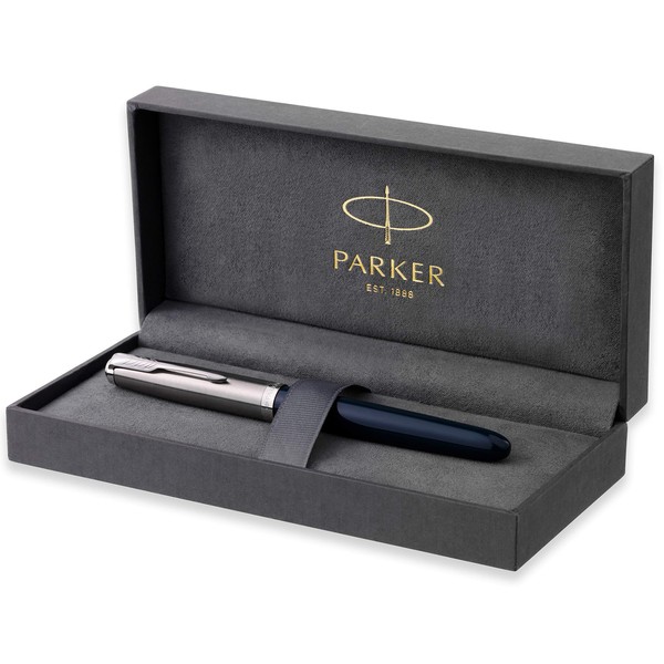 Parker 51 Fountain Pen Midnight Blue Barrel with Chrome Trim Fine Nib with Black Ink Cartridge Gift Box