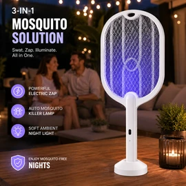 3-in-1 Electric Mosquito Swatter Lamp for Indoor & Outdoor Use – Rechargeable Bug Zapper Racket for Travel